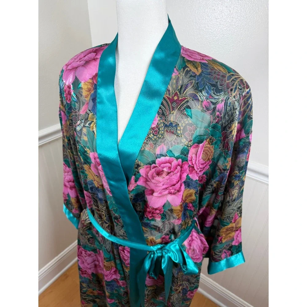 Inner Most Sears Vintage Long Floral Kimono Robe Teal‎ Trim Sheer Women Size L